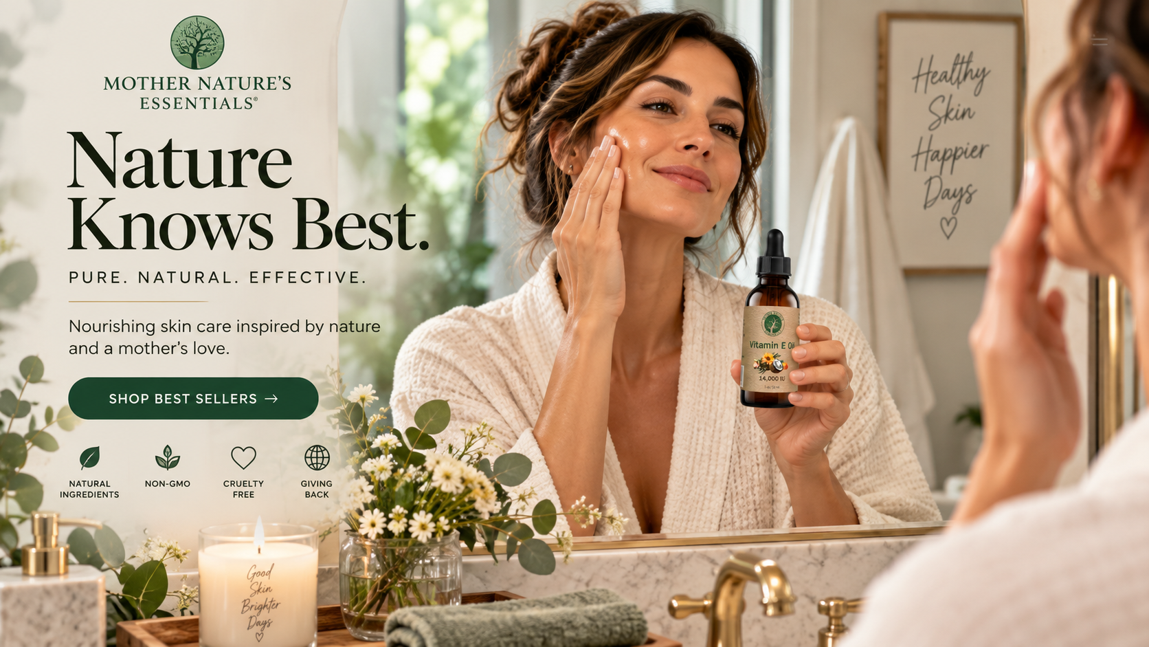 Mother Nature's Essentials website design featuring Vitamin E Oil